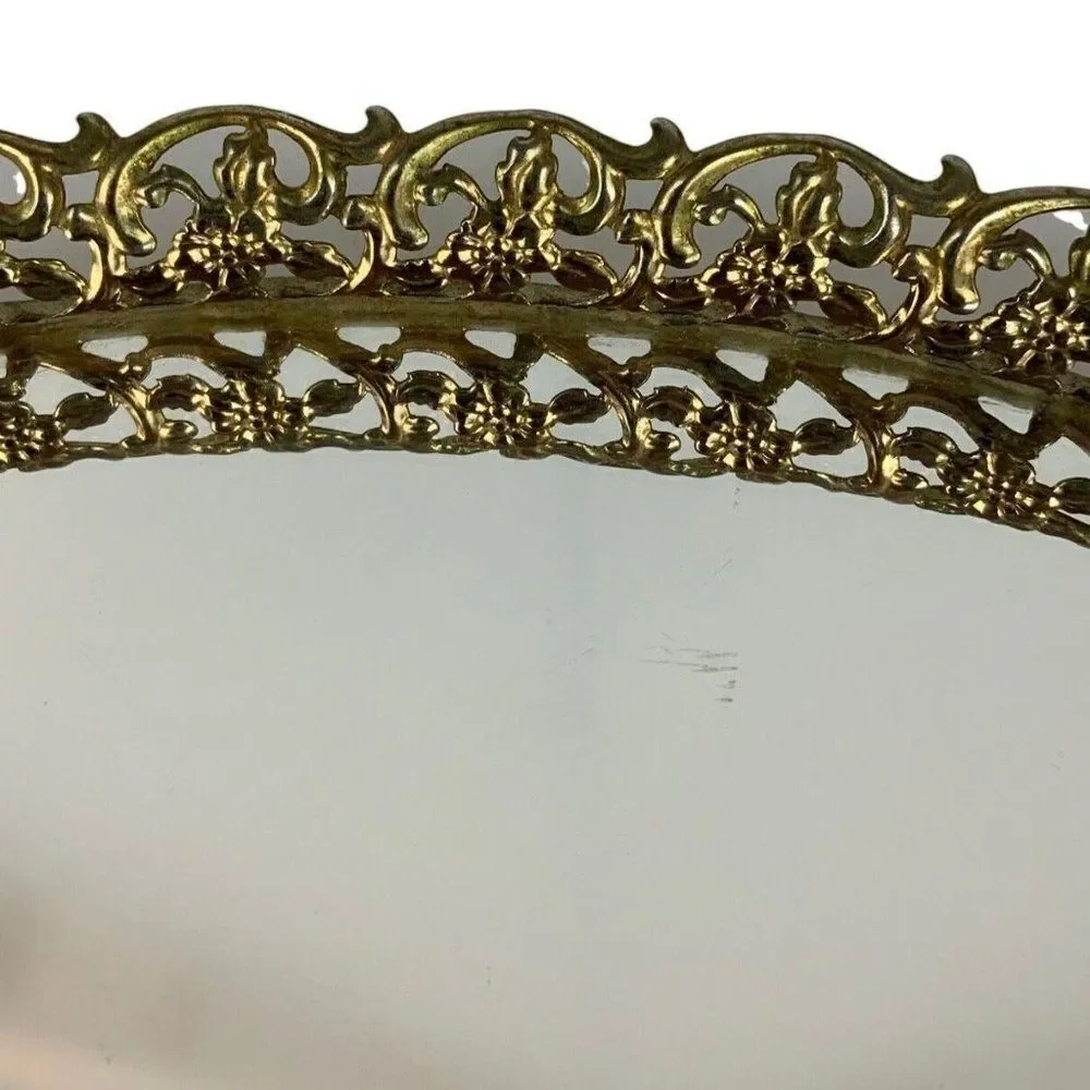Vintage Oval Vanity Tray Gold Gilt Metal Filigree Mirror Hollywood Regency 1950s